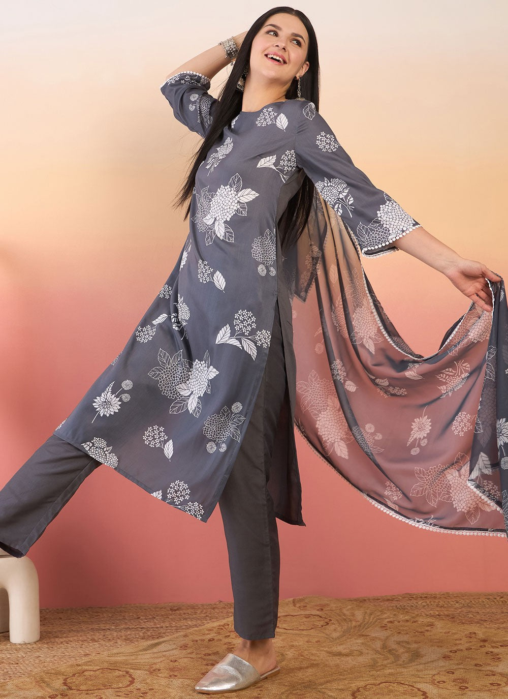 Salwar Suit Printed Grey Chinon T5835