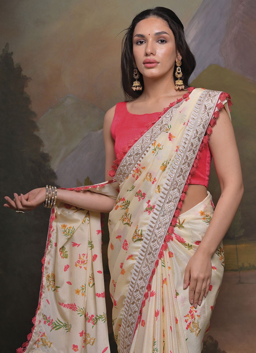 Trendy Border Work Chinon Saree - S4777