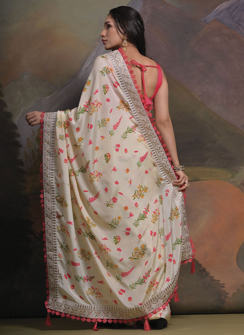 Trendy Border Work Chinon Saree - S4777