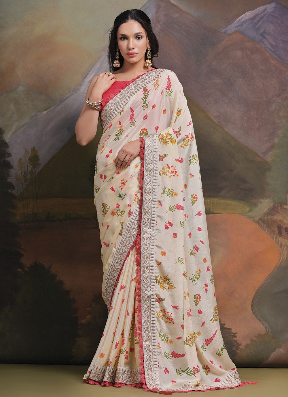 Trendy Border Work Chinon Saree - S4777