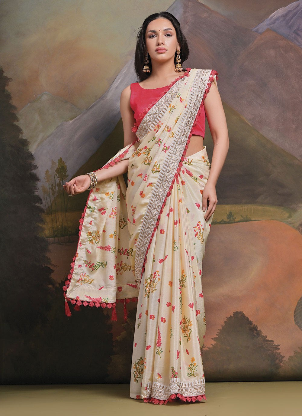 Trendy Border Work Chinon Saree - S4777