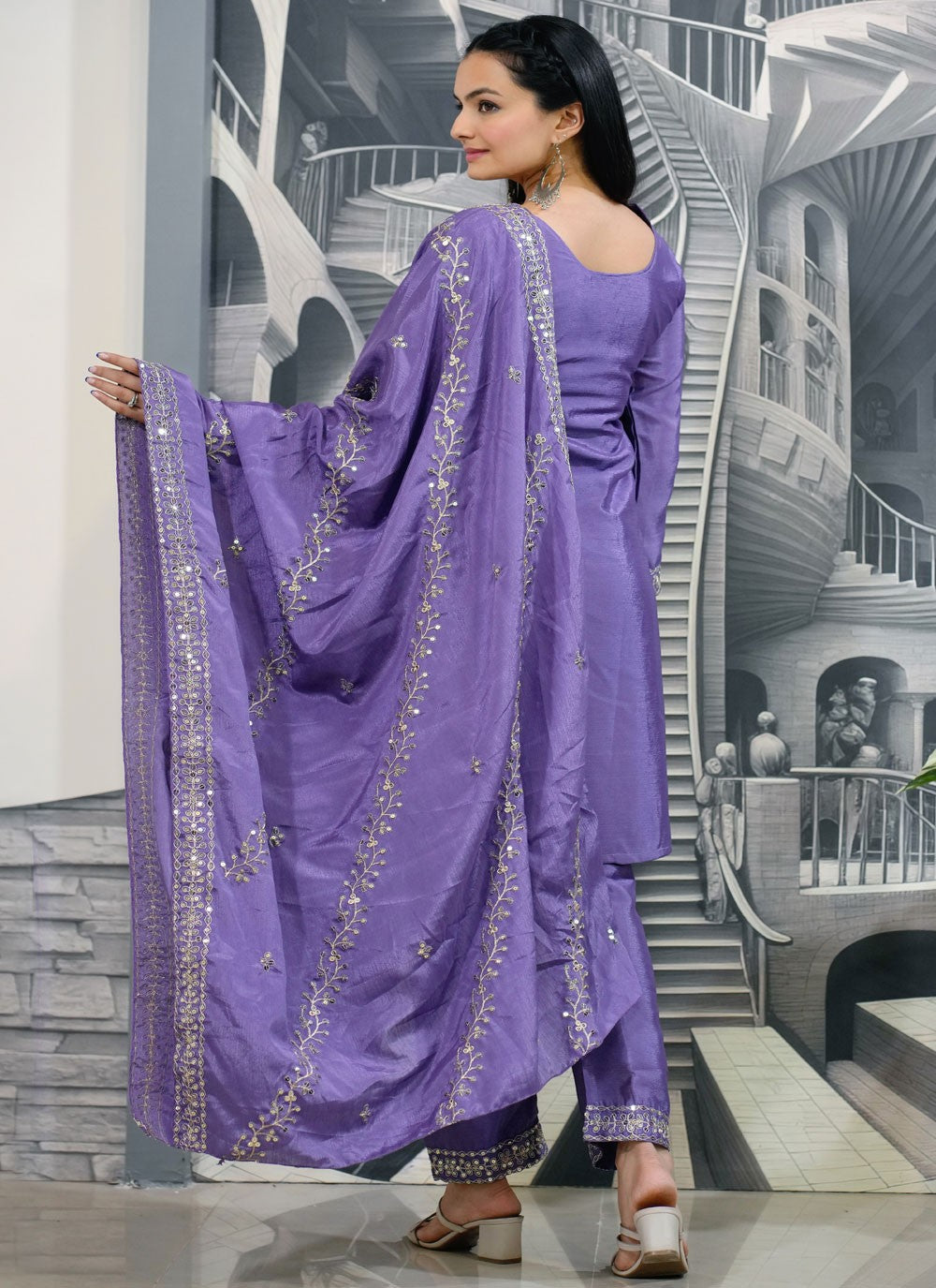 Salwar Suit Embroidered Purple Chinon T5239