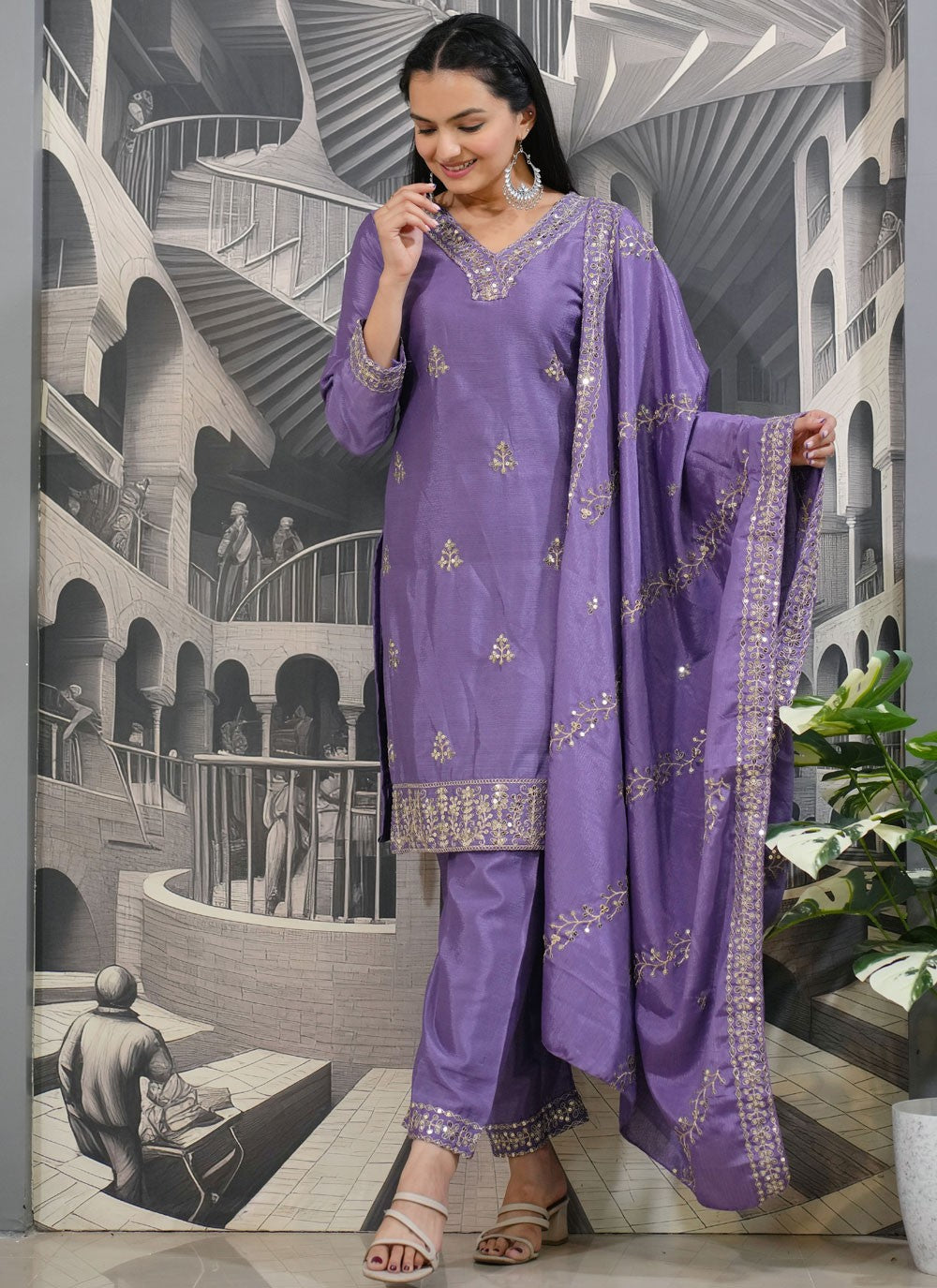 Salwar Suit Embroidered Purple Chinon T5239