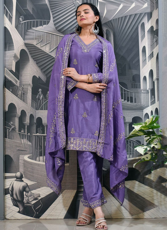 Salwar Suit Embroidered Purple Chinon T5239
