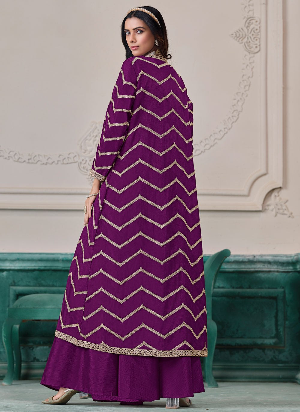 Palazzo Suit Embroidered, Zari Purple T7551