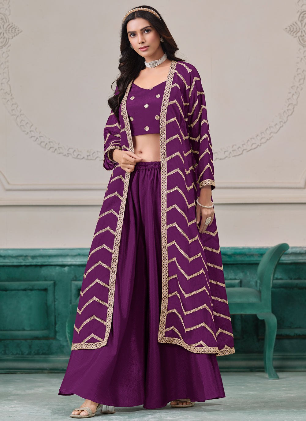 Palazzo Suit Embroidered, Zari Purple T7551