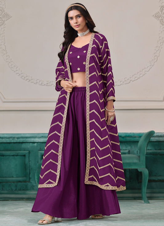 Palazzo Suit Embroidered, Zari Purple T7551