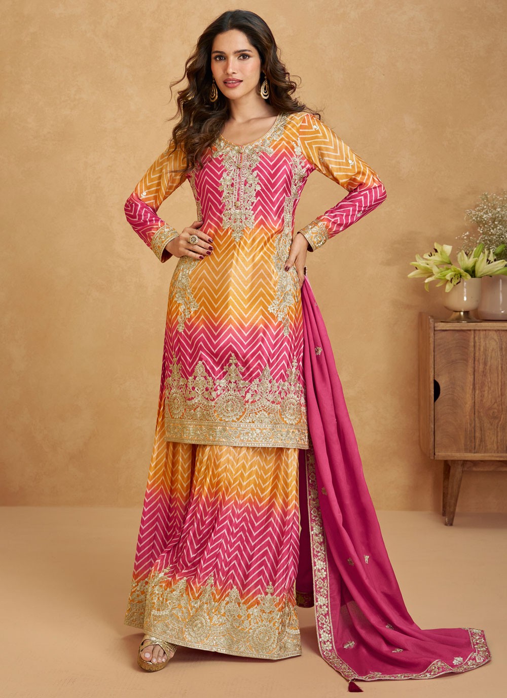 Embroidered Chinon Hot Pink Salwar Suit T5968