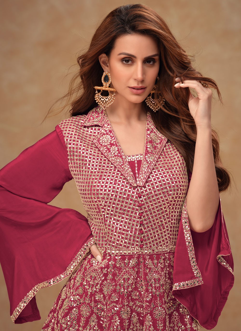 Embroidered Chinon Hot Pink Salwar Suit T5996