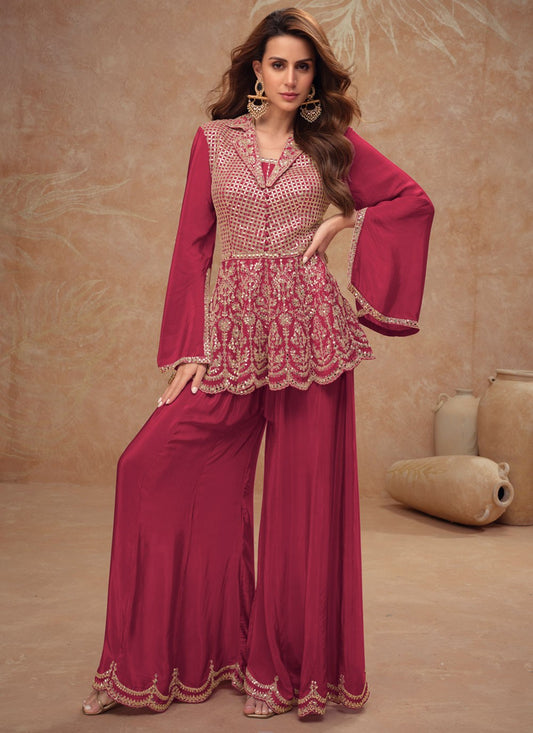 Embroidered Chinon Hot Pink Salwar Suit T5996