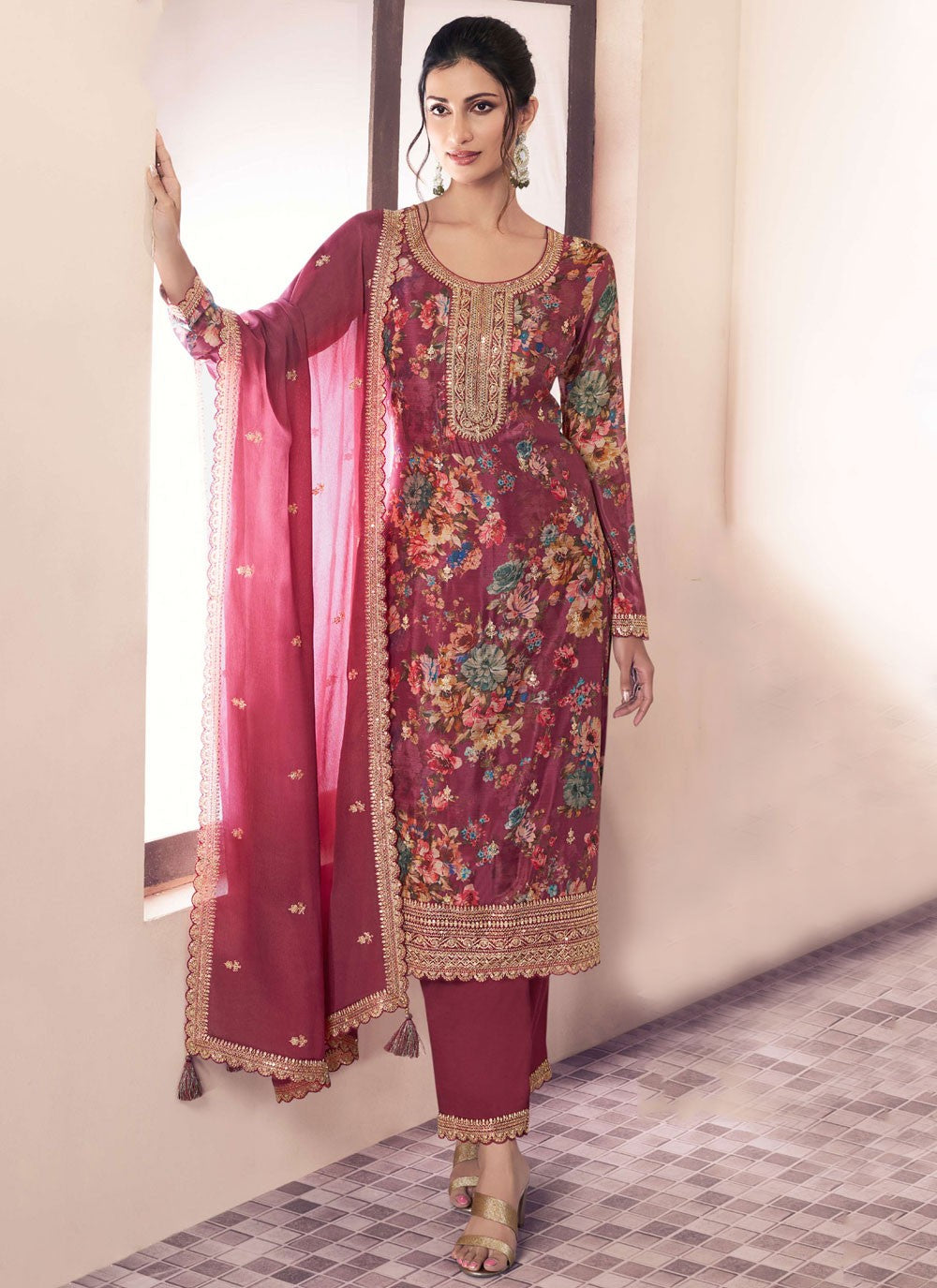 Digital Print Chinon Pant Style Suit - T4652