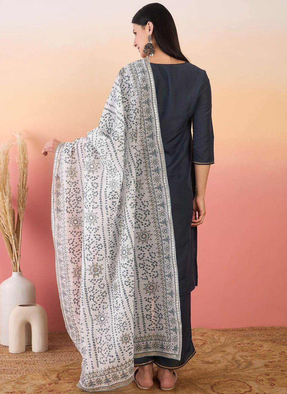 Salwar Suit Embroidered Navy Blue Chinon T5636