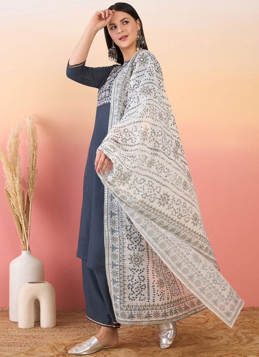 Salwar Suit Embroidered Navy Blue Chinon T5636
