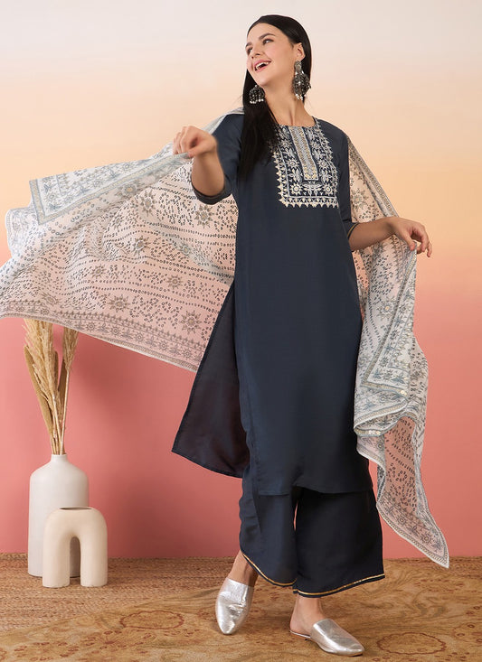 Salwar Suit Embroidered Navy Blue Chinon T5636