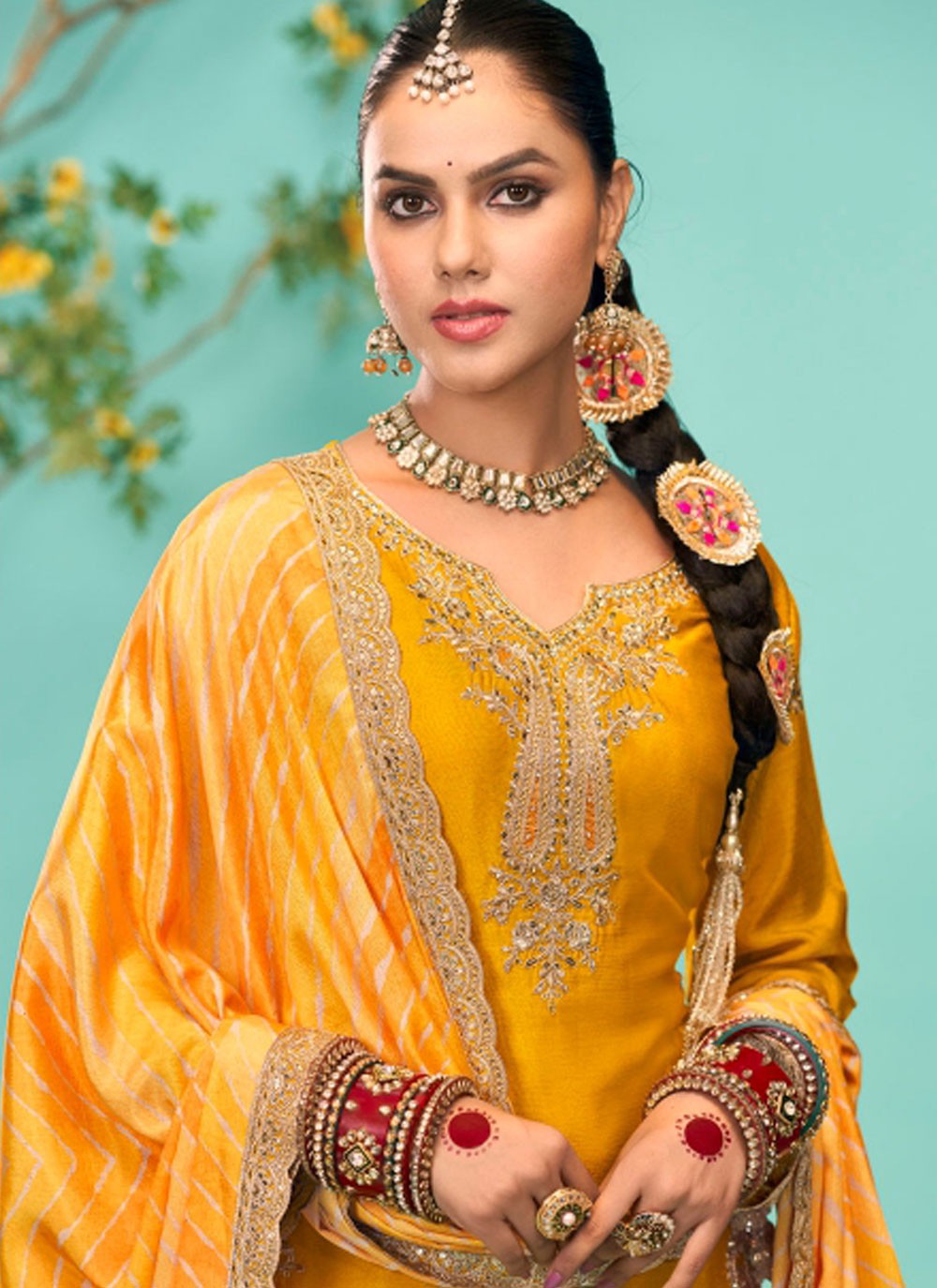 Salwar Suit Embroidered Yellow Chinon T5177