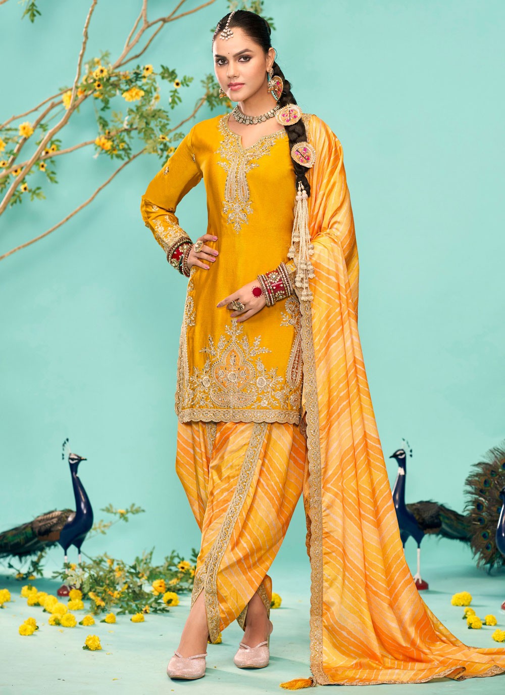 Salwar Suit Embroidered Yellow Chinon T5177