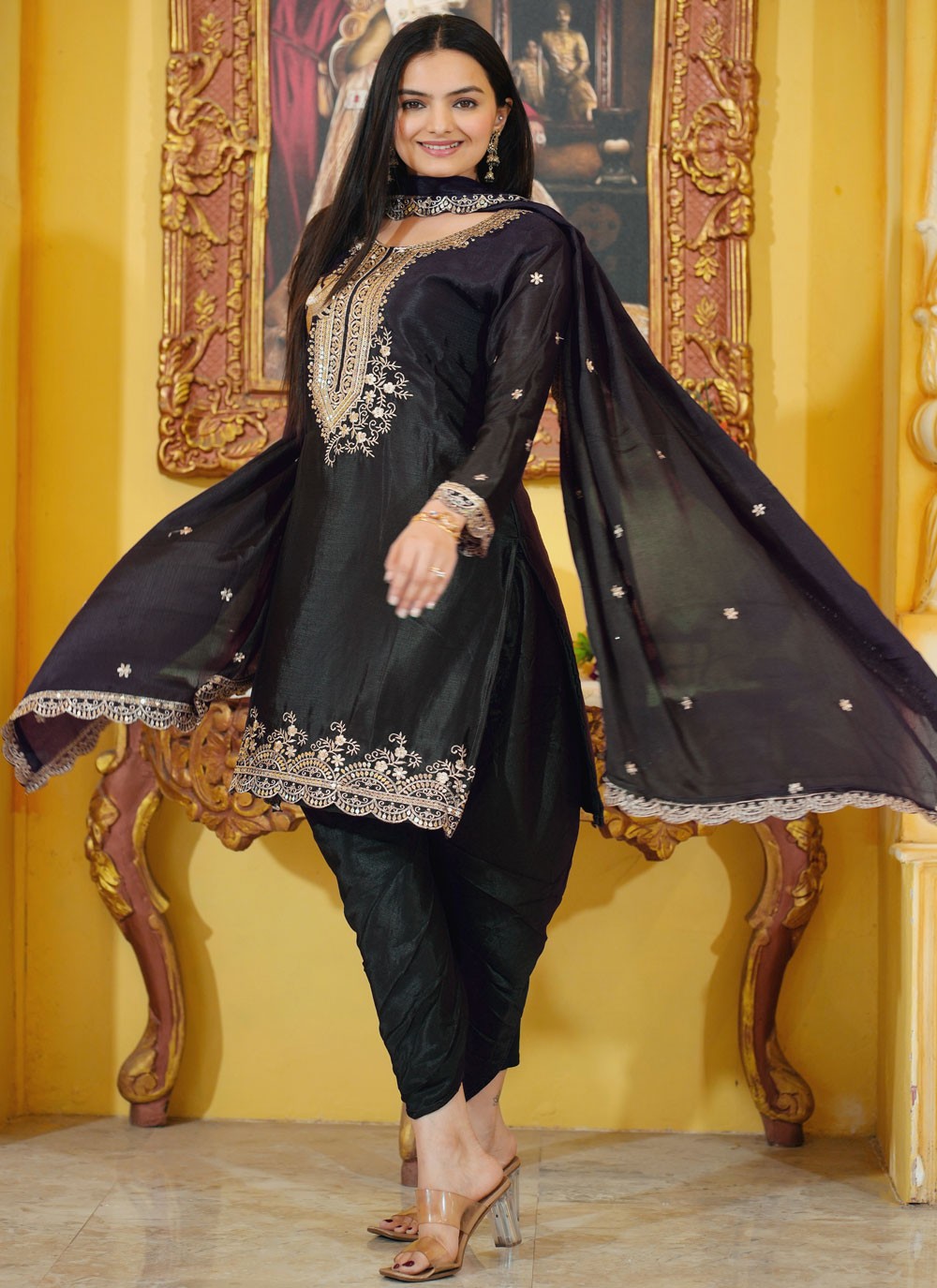 Embroidered Chinon Black Salwar Suit T6485