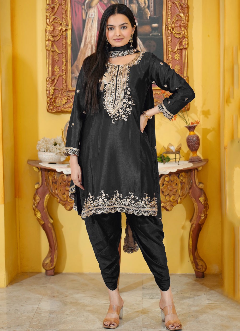 Embroidered Chinon Black Salwar Suit T6485