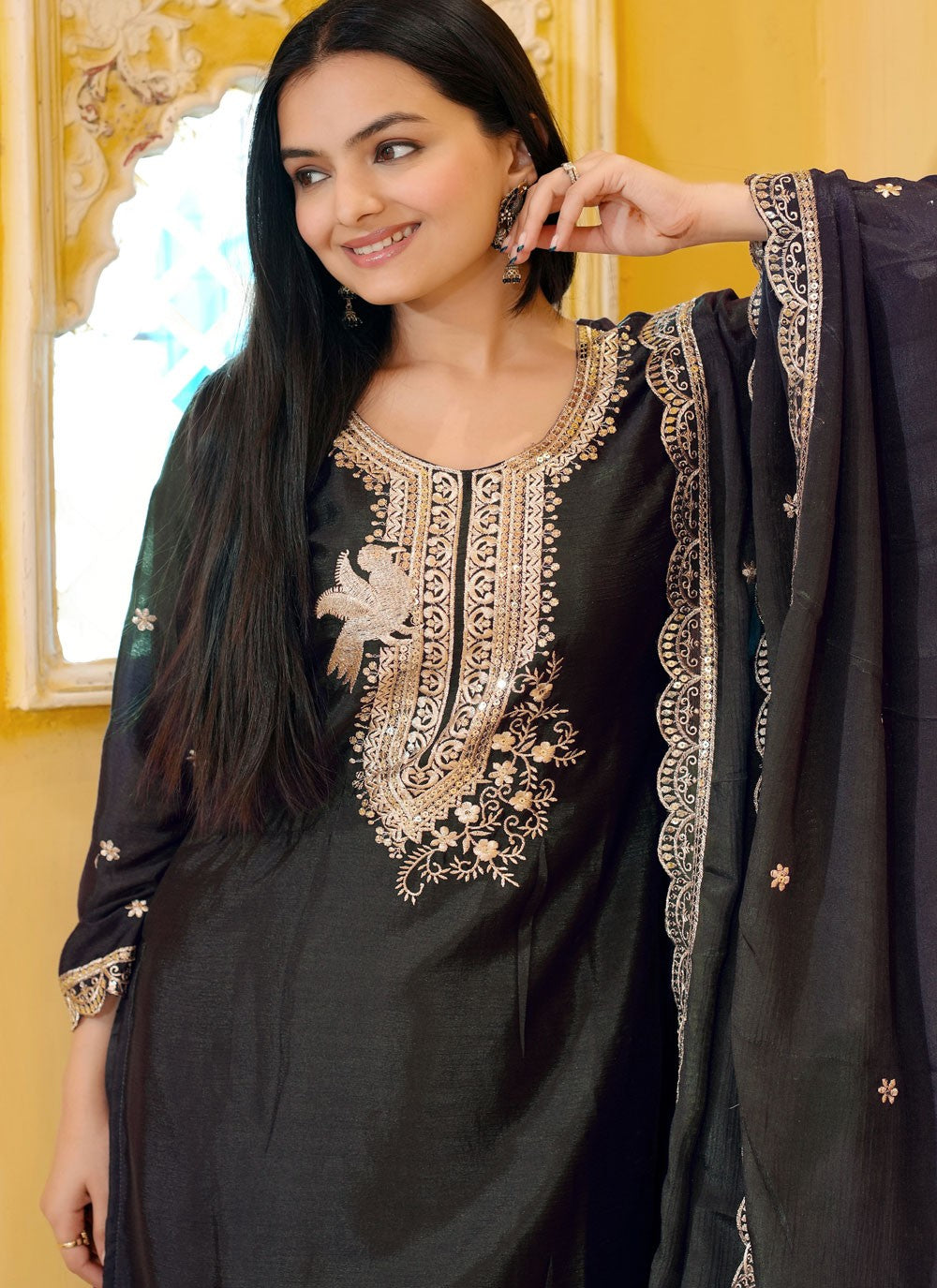 Embroidered Chinon Black Salwar Suit T6485