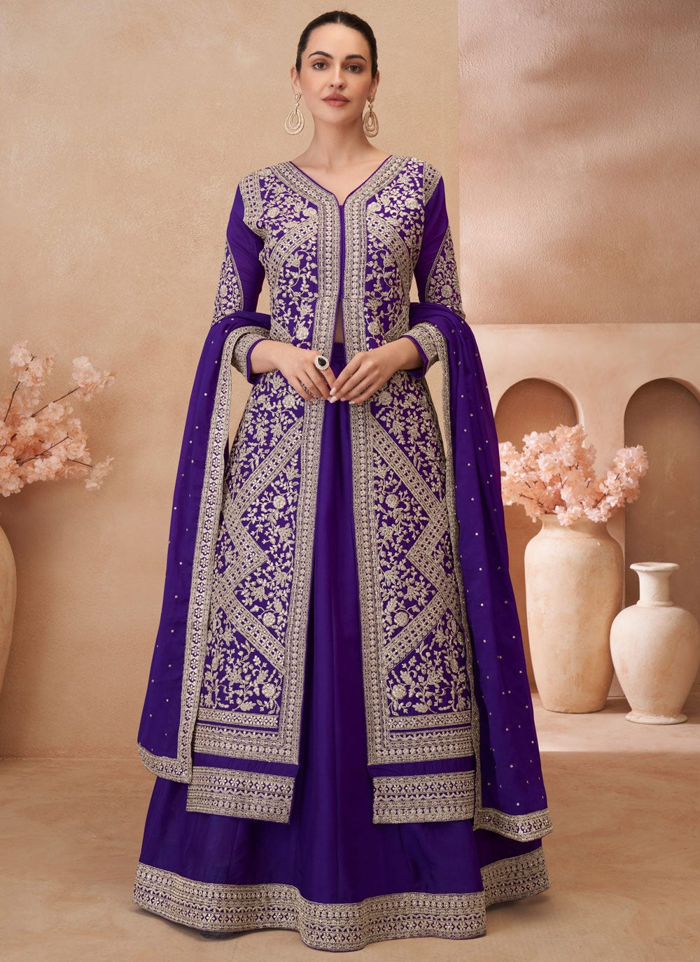 Embroidered Chinon, Silk Purple Lehenga - L3340