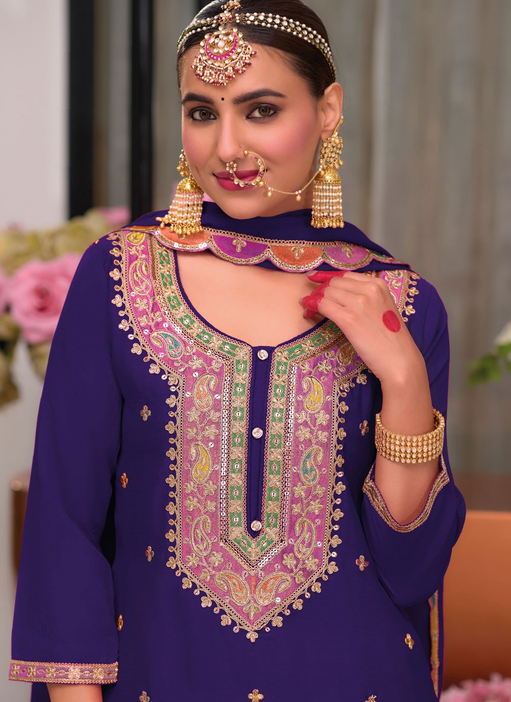 Salwar Suit Embroidered Violet Chinon T5748