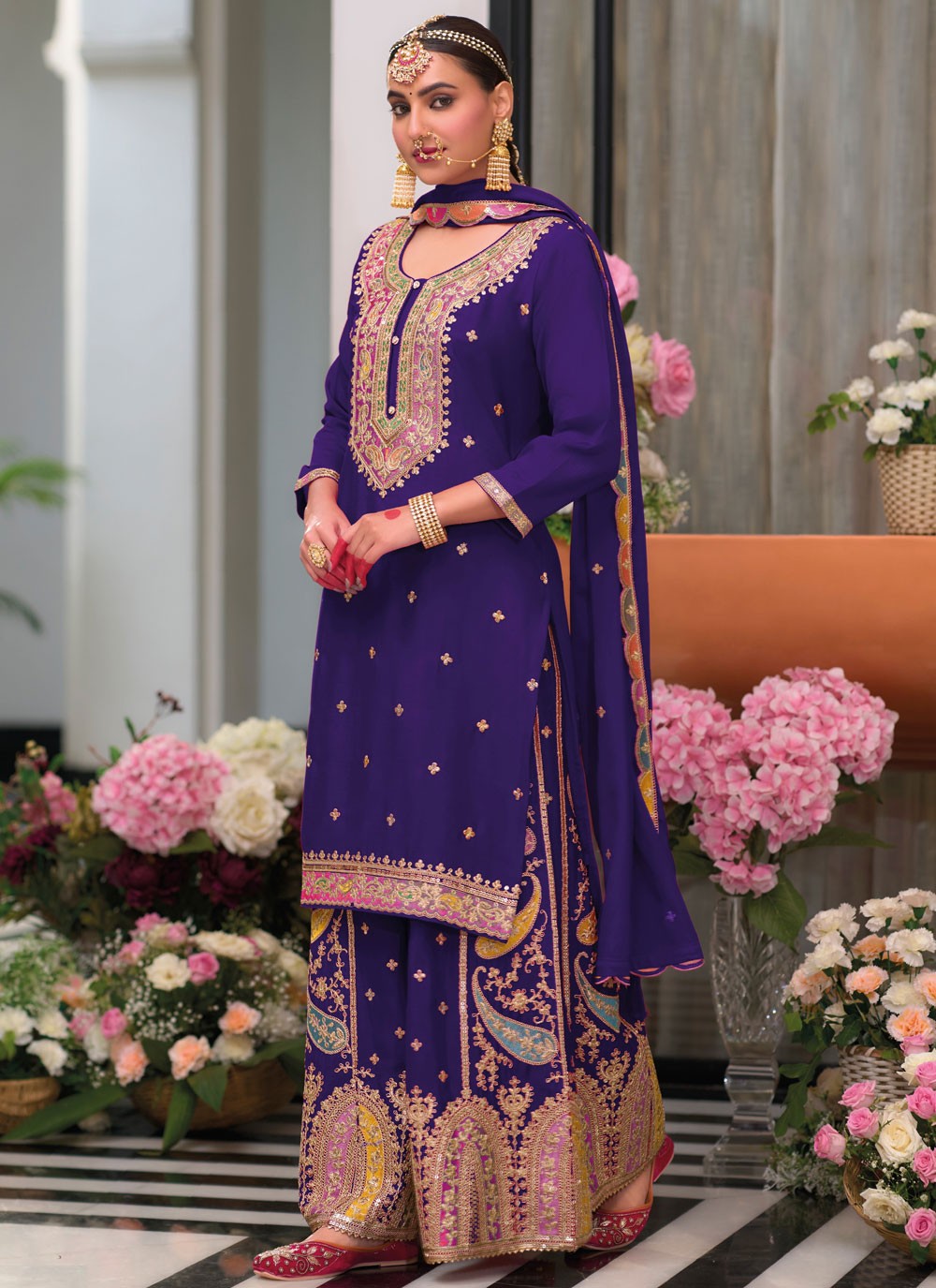 Salwar Suit Embroidered Violet Chinon T5748