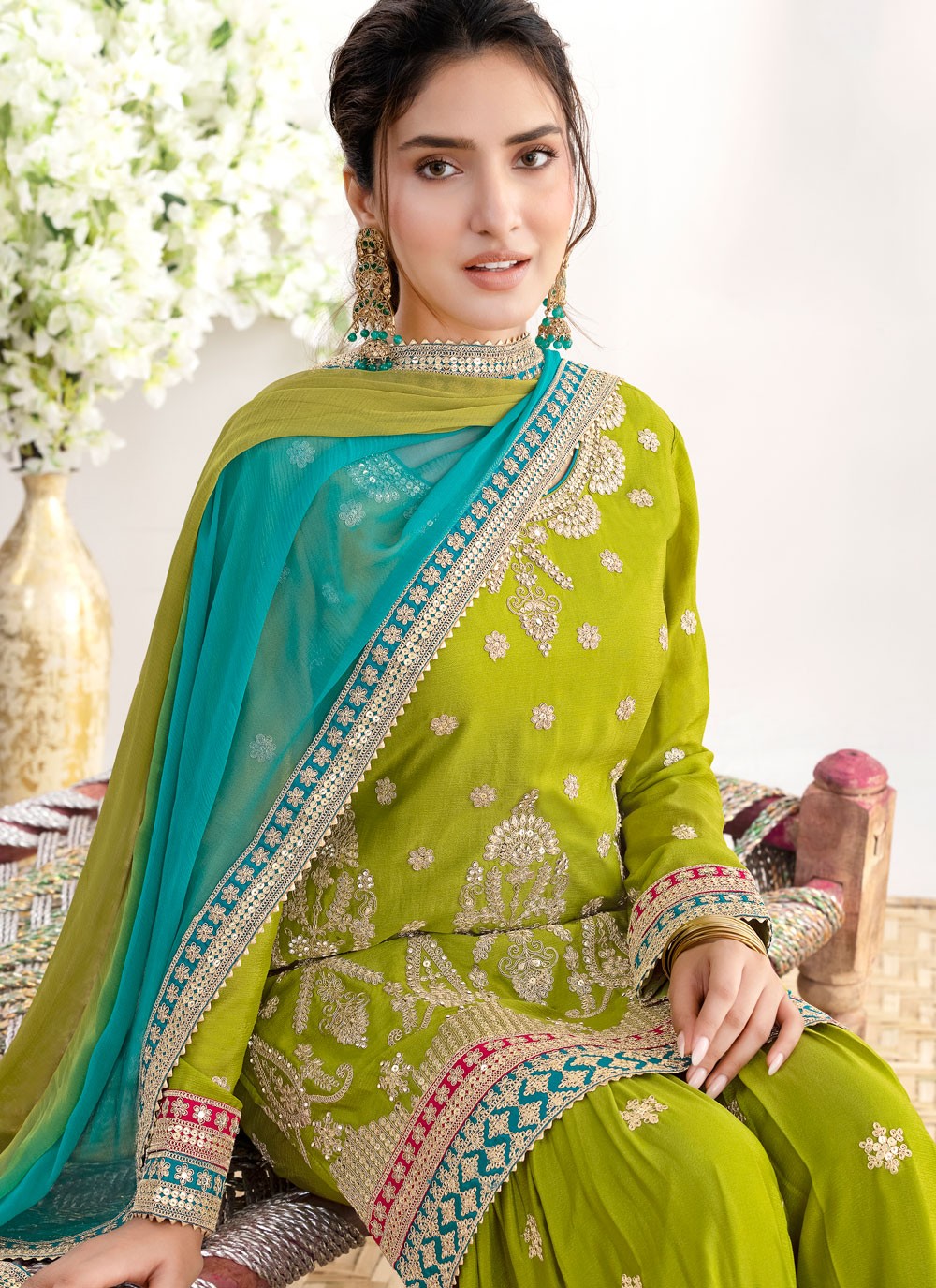 Sharara Suit Dori Work, Embroidered, Sequins Green T8538
