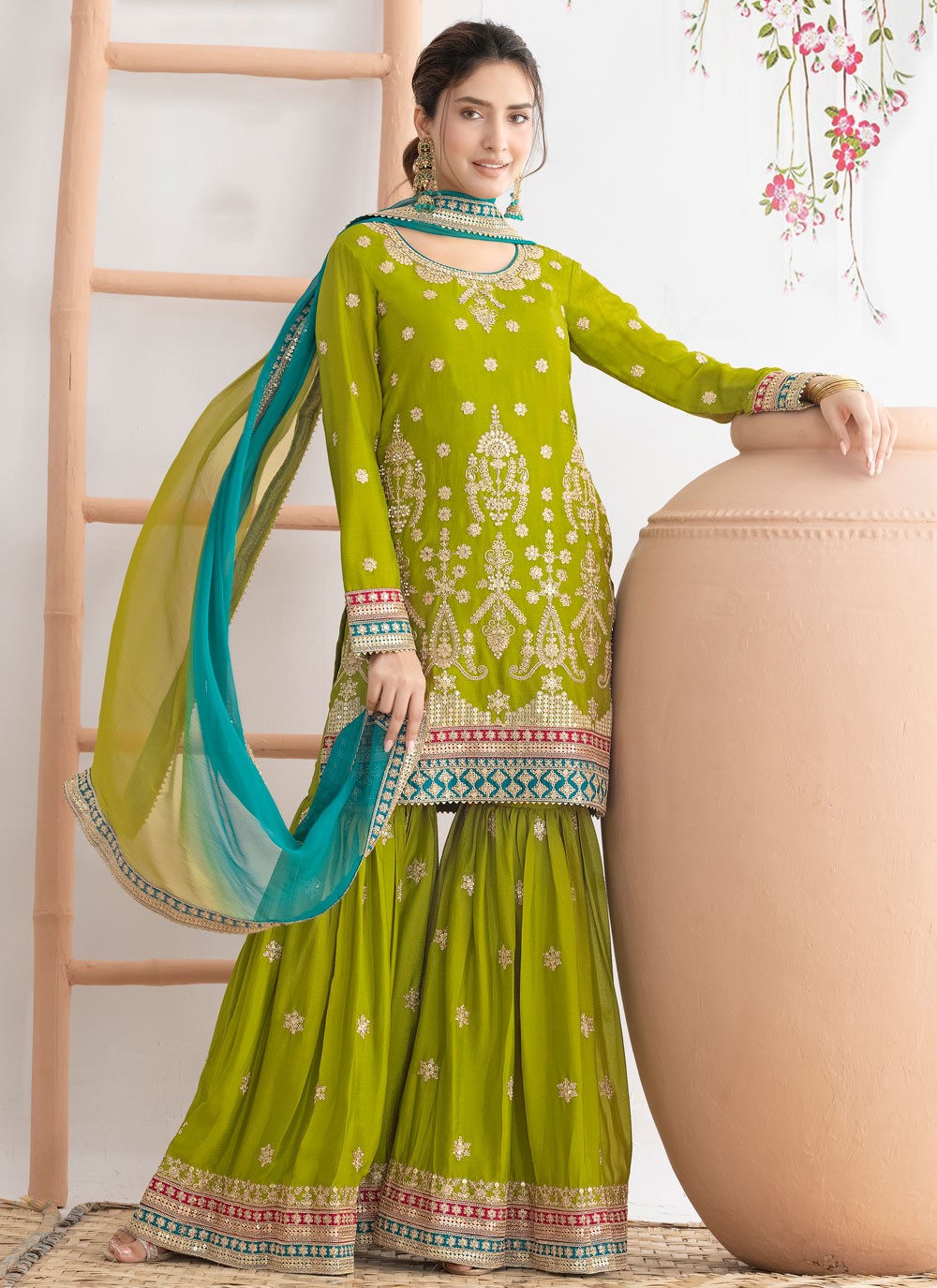 Sharara Suit Dori Work, Embroidered, Sequins Green T8538