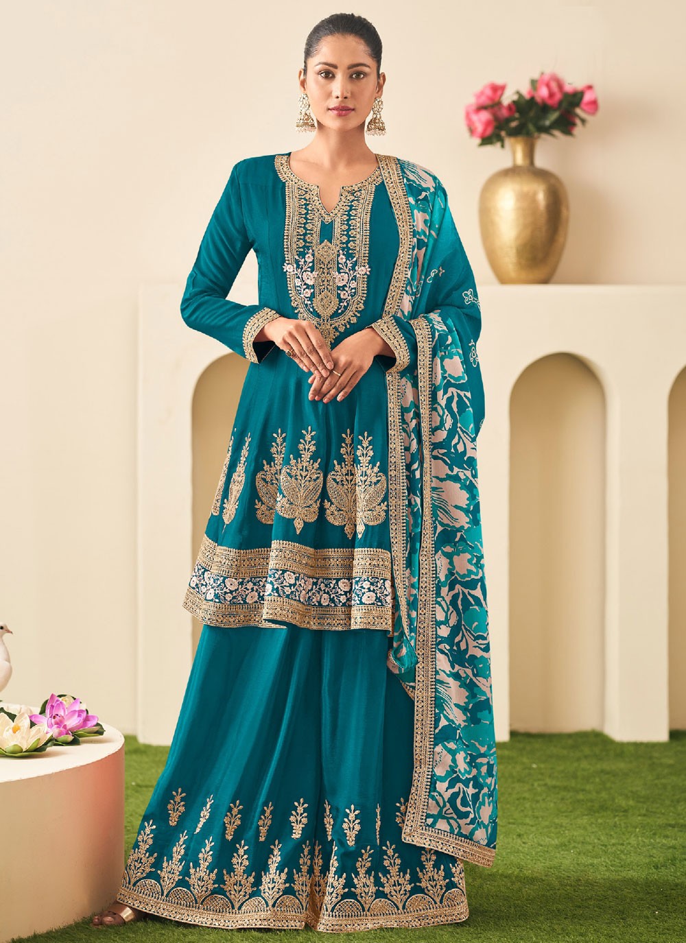 Salwar Suit Embroidered Morpeach Chinon T5436