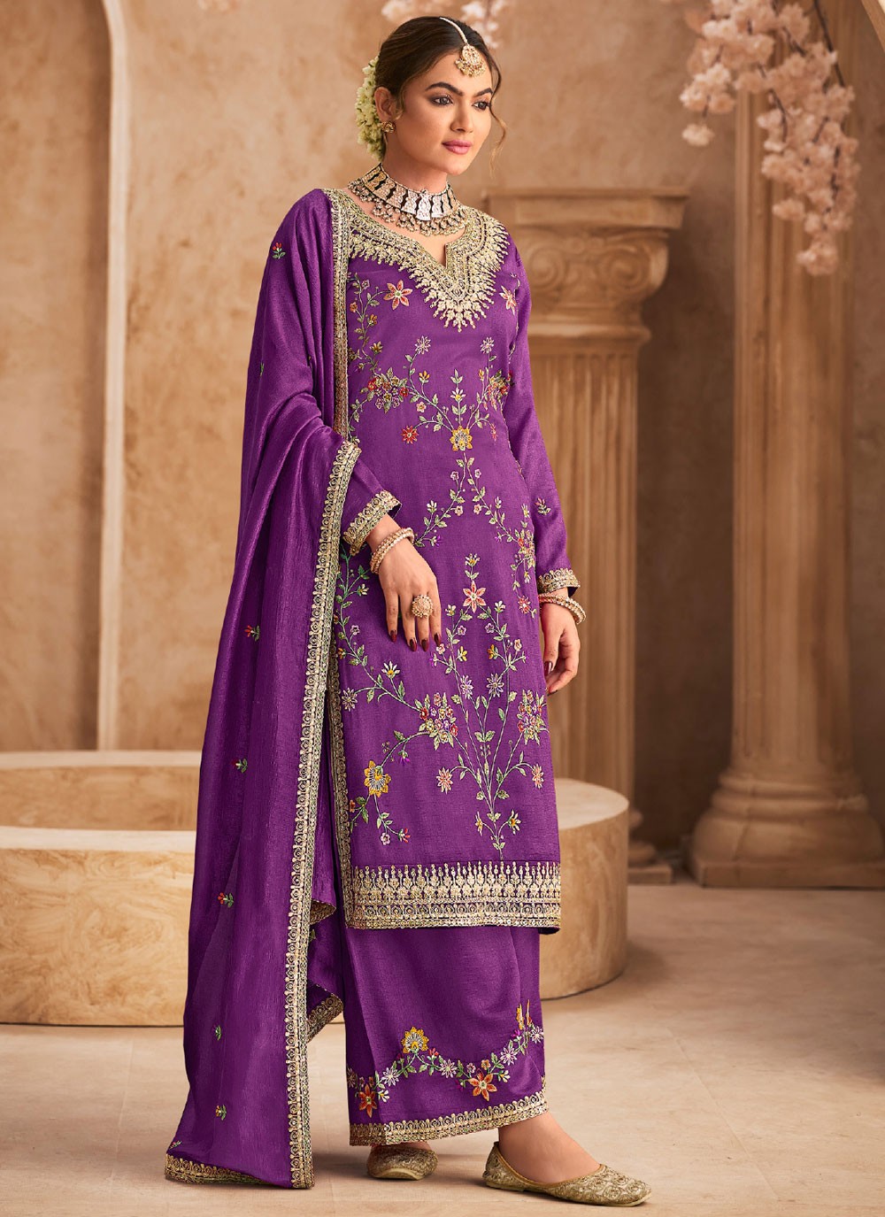 Salwar Suit Embroidered Purple Chinon T5491