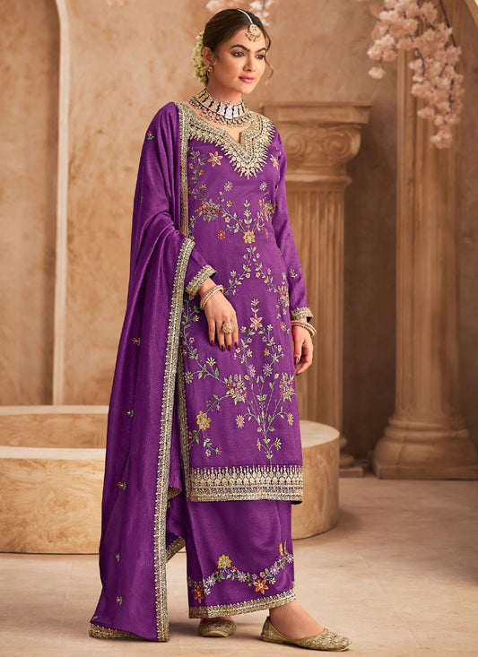 Salwar Suit Embroidered Purple Chinon T5491