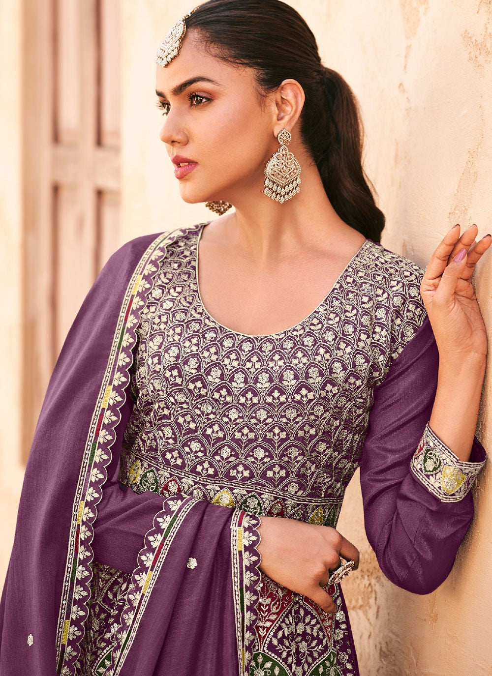 Embroidered Chinon Purple Palazzo Suit T6210