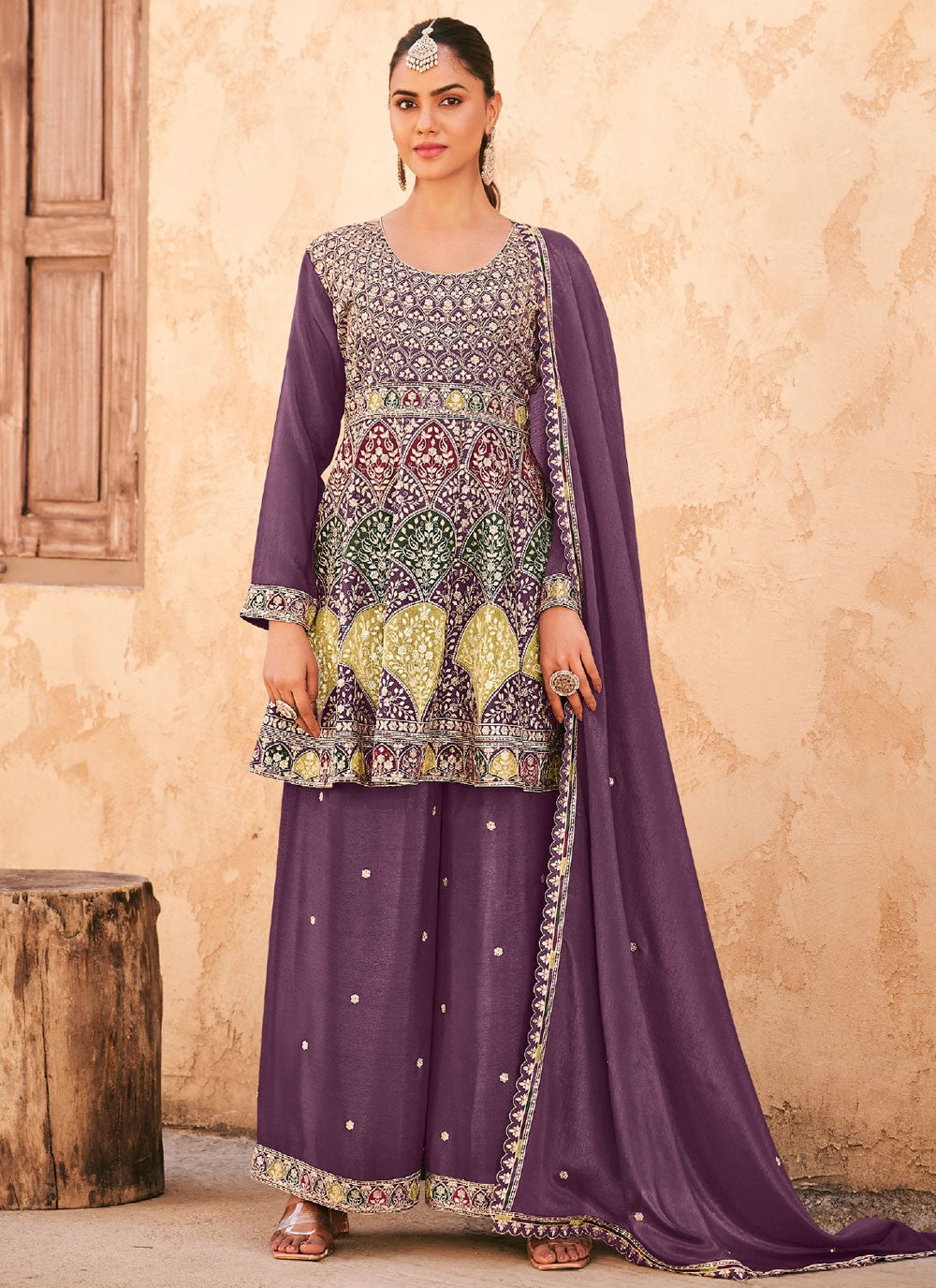 Embroidered Chinon Purple Palazzo Suit T6210