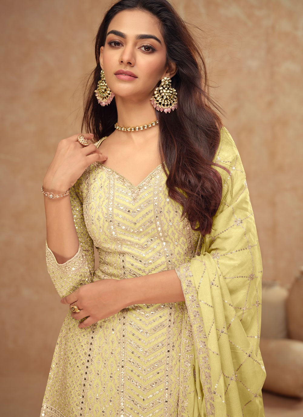 Embroidered Chinon Yellow Sharara Suit T6280