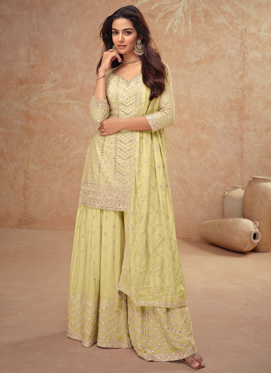 Embroidered Chinon Yellow Sharara Suit T6280