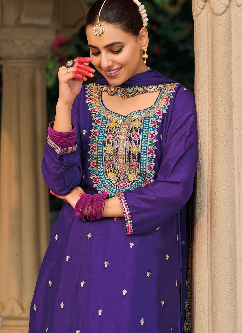 Salwar Suit Embroidered Blue Chinon T5267