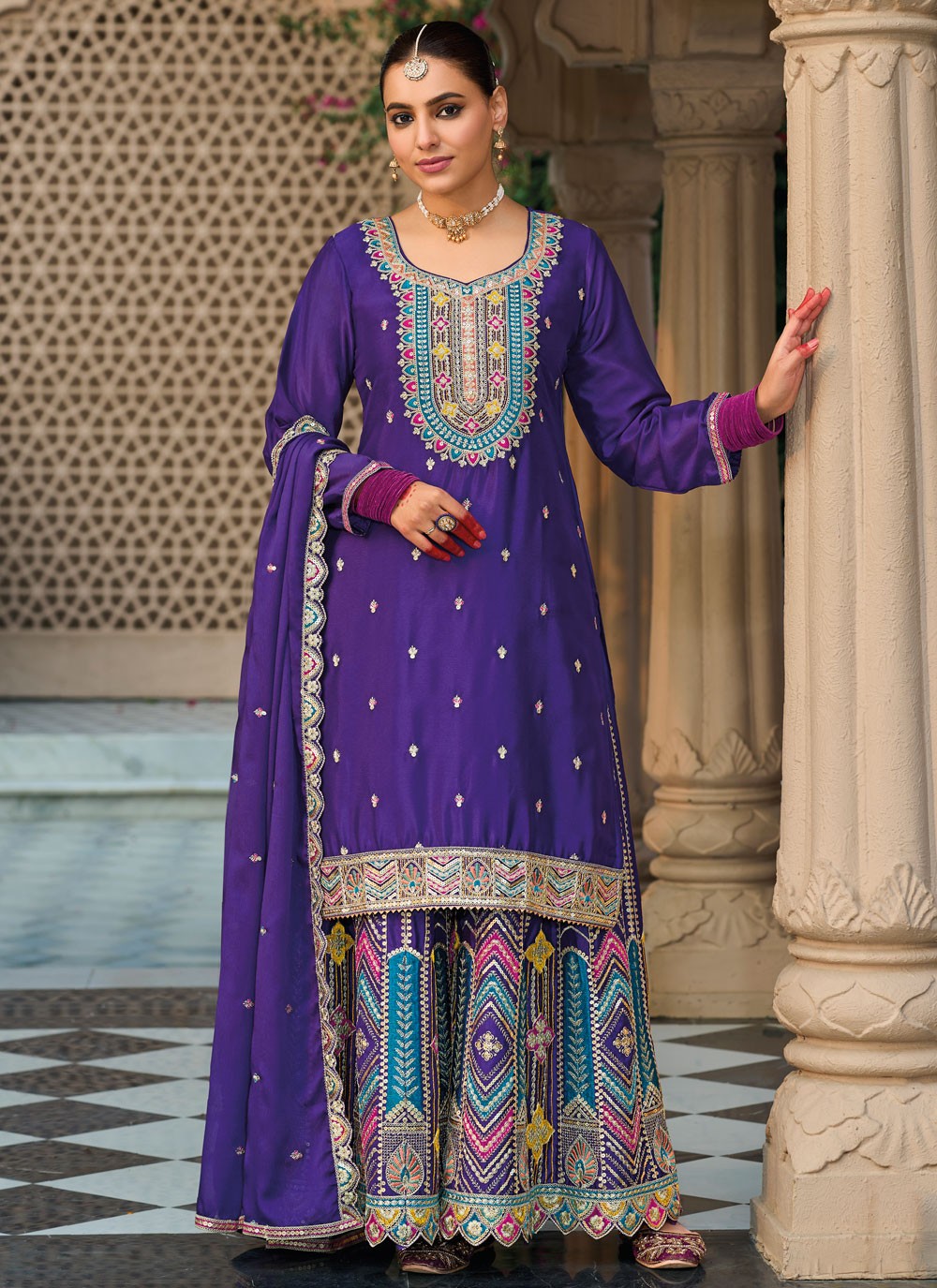 Salwar Suit Embroidered Blue Chinon T5267