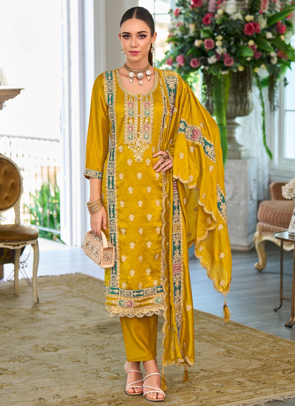 Pant Style Suit Embroidered, Resham, Zari Mustard T8466