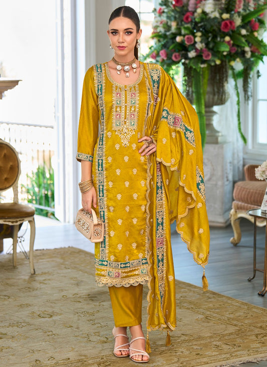 Pant Style Suit Embroidered, Resham, Zari Mustard T8466