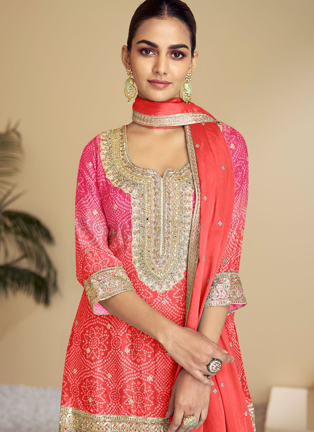 Palazzo Suit Embroidered, Printed, Sequins, Thread Pink T7645
