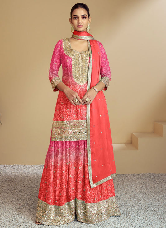 Palazzo Suit Embroidered, Printed, Sequins, Thread Pink T7645