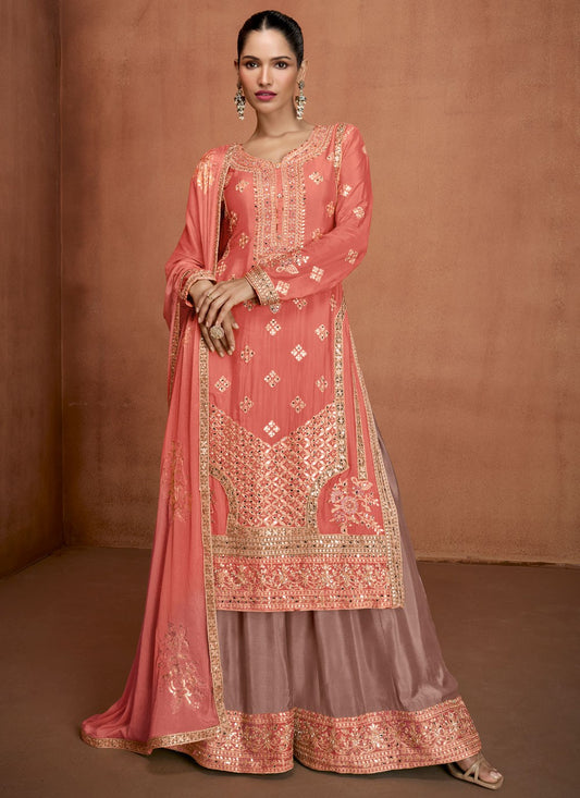 Palazzo Suit Embroidered, Mirror, Zari Peach T8270