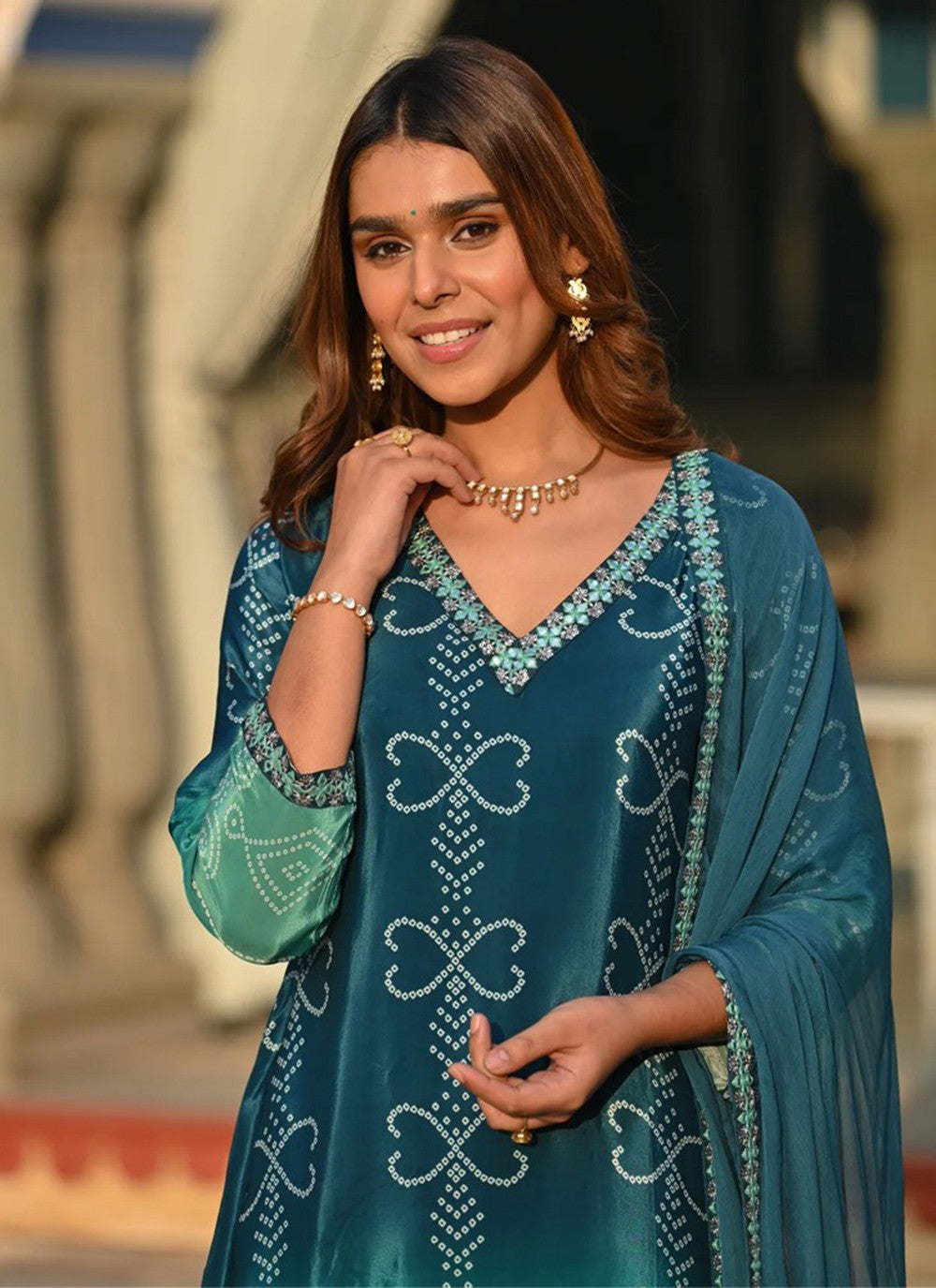Salwar Suit Embroidered Blue Chinon T5075