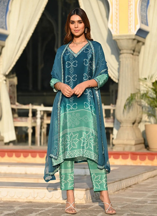 Salwar Suit Embroidered Blue Chinon T5075