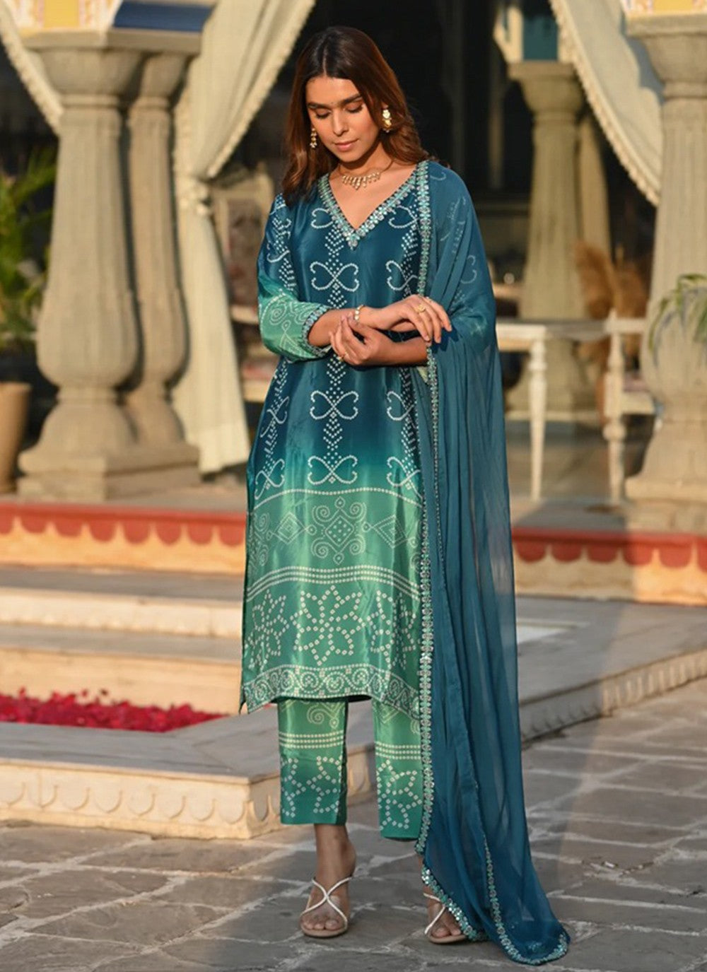 Salwar Suit Embroidered Blue Chinon T5075