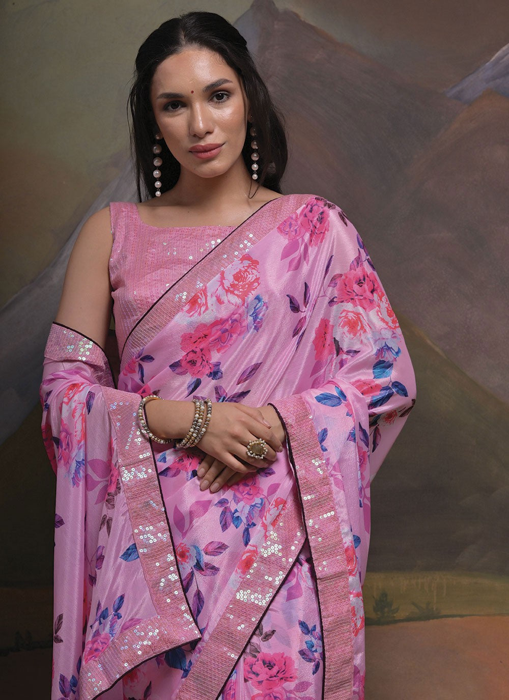 Trendy Border Work Chinon Saree - S4777