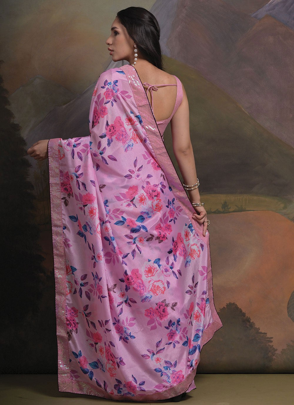 Trendy Border Work Chinon Saree - S4777