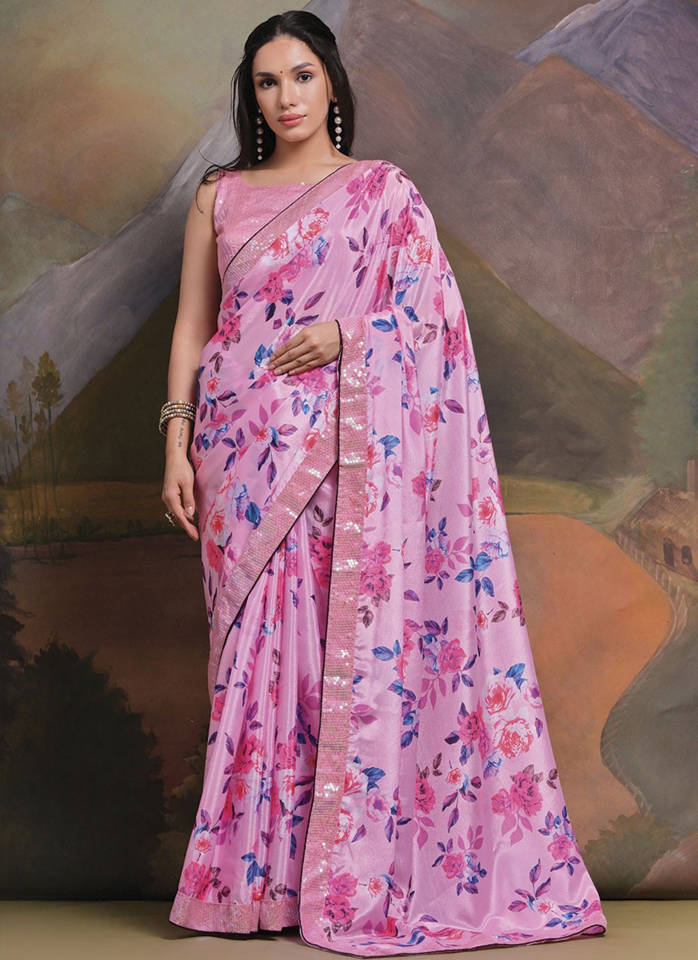 Trendy Border Work Chinon Saree - S4777