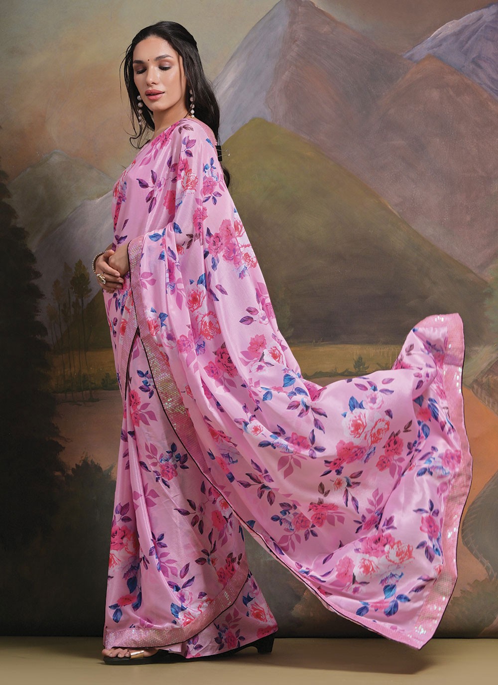 Trendy Border Work Chinon Saree - S4777
