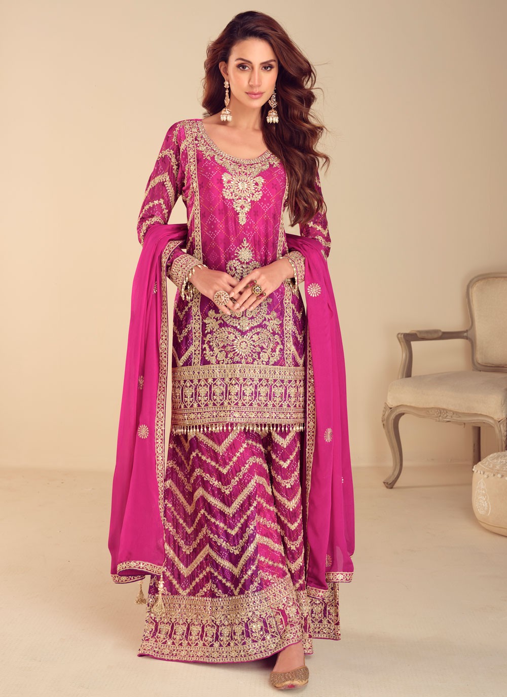 Palazzo Suit Embroidered, Sequins, Zari Pink T8560